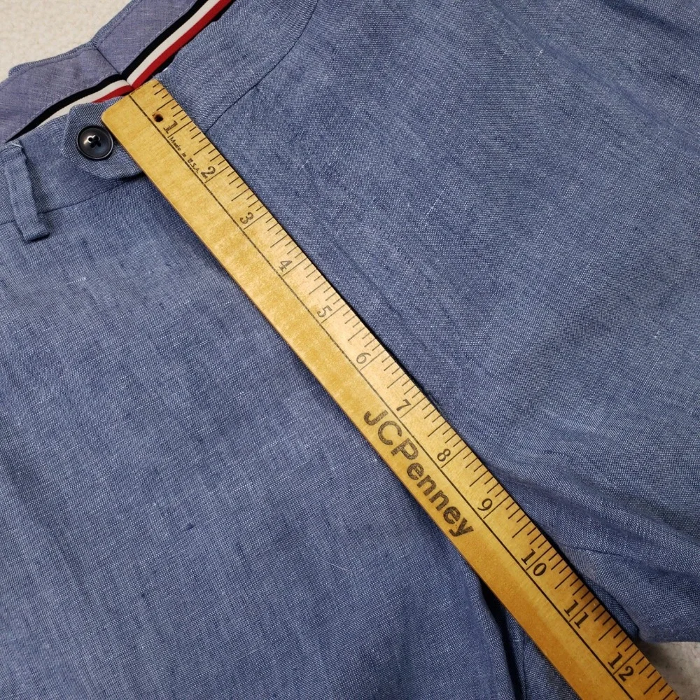 Tommy Hilfiger Dress Pants Men 32x32 Blue 100% Linen Flat Front Trousers Raw Hem